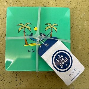 LIFE IS GOOD Set/4 Melamine Square Plates 6" Vintage Jake App BEACH HOUSE DECOR